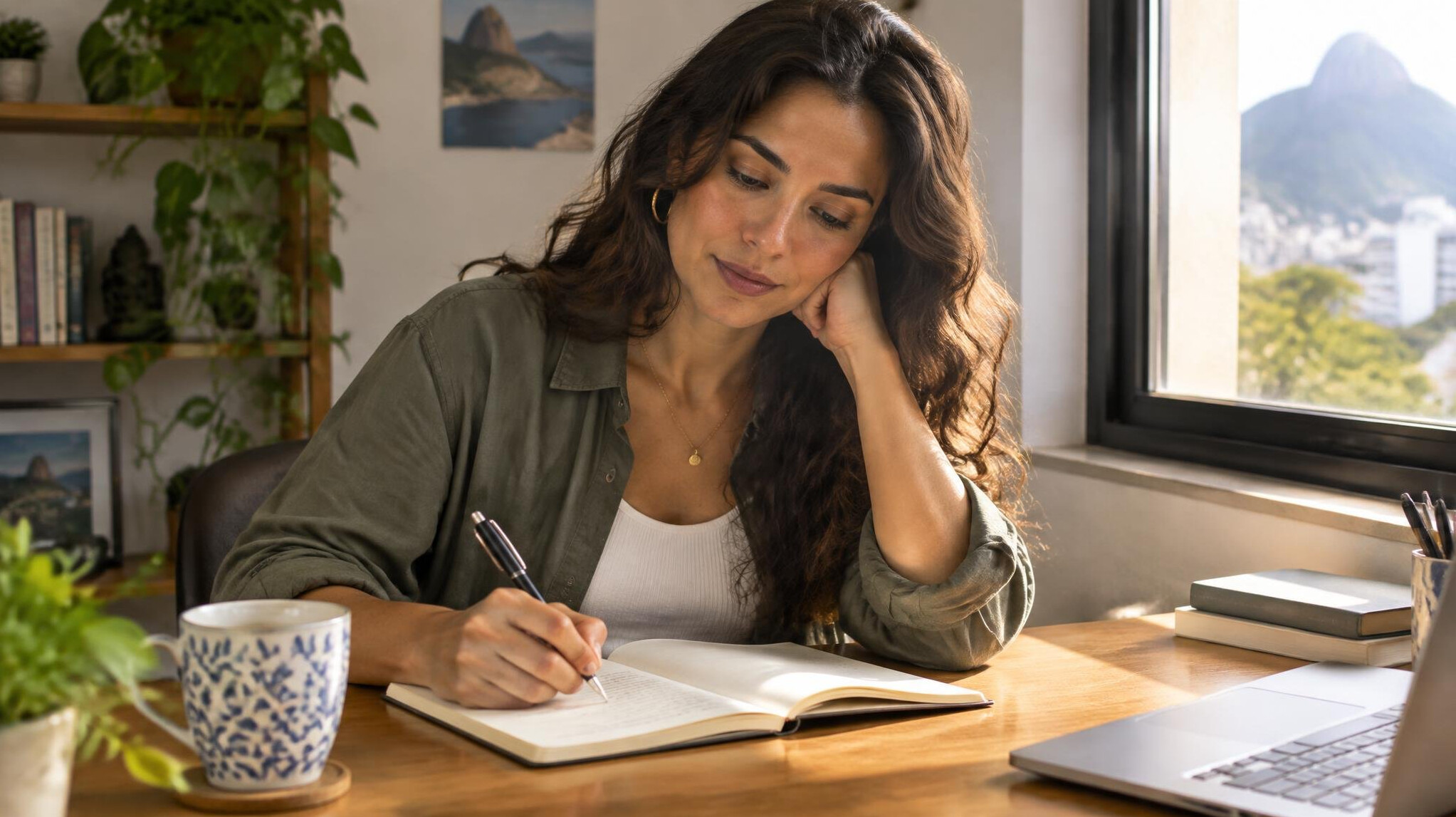 Woman writing thoughts in a notebook at a wooden desk