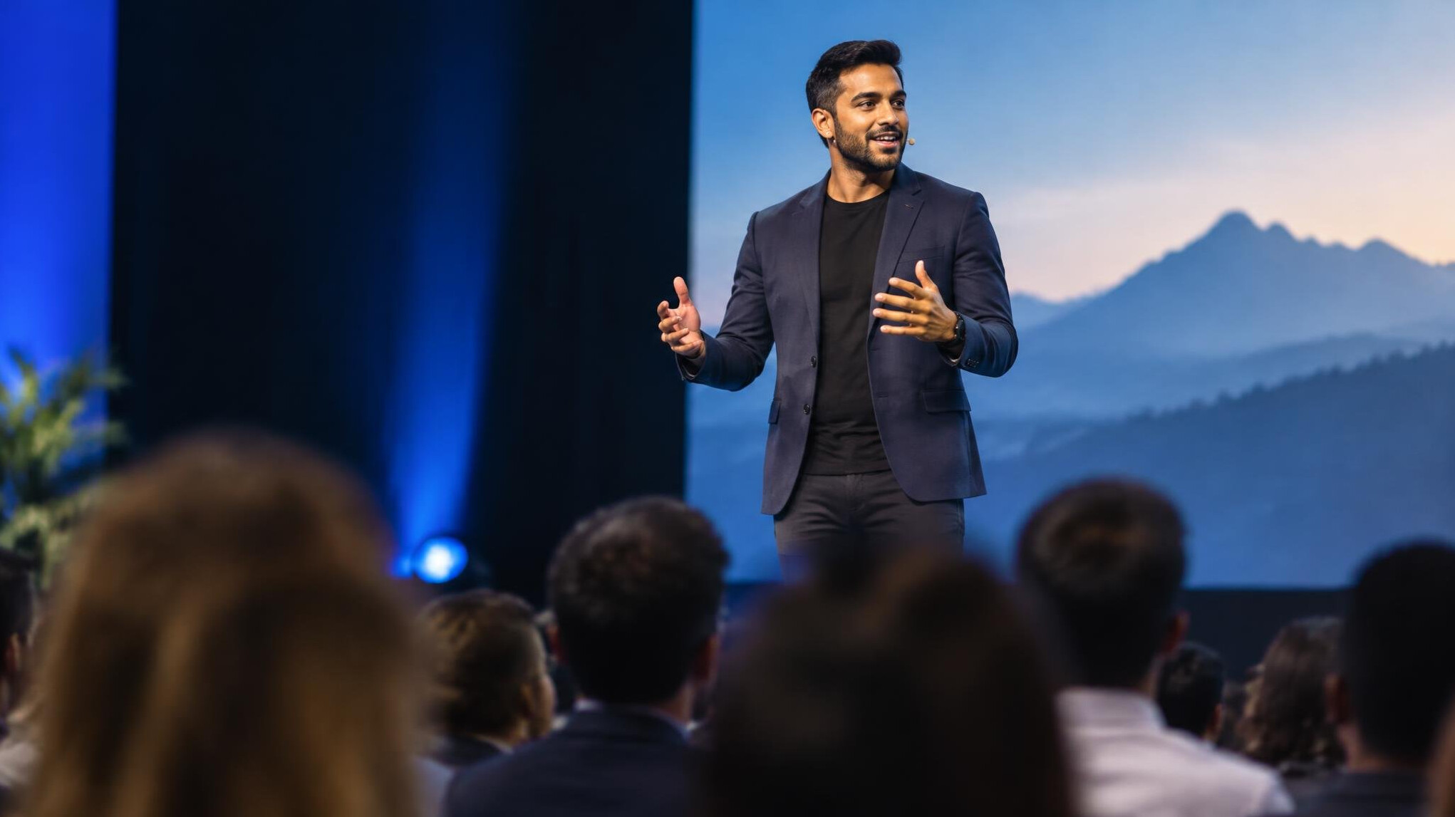 confident speaker on stage