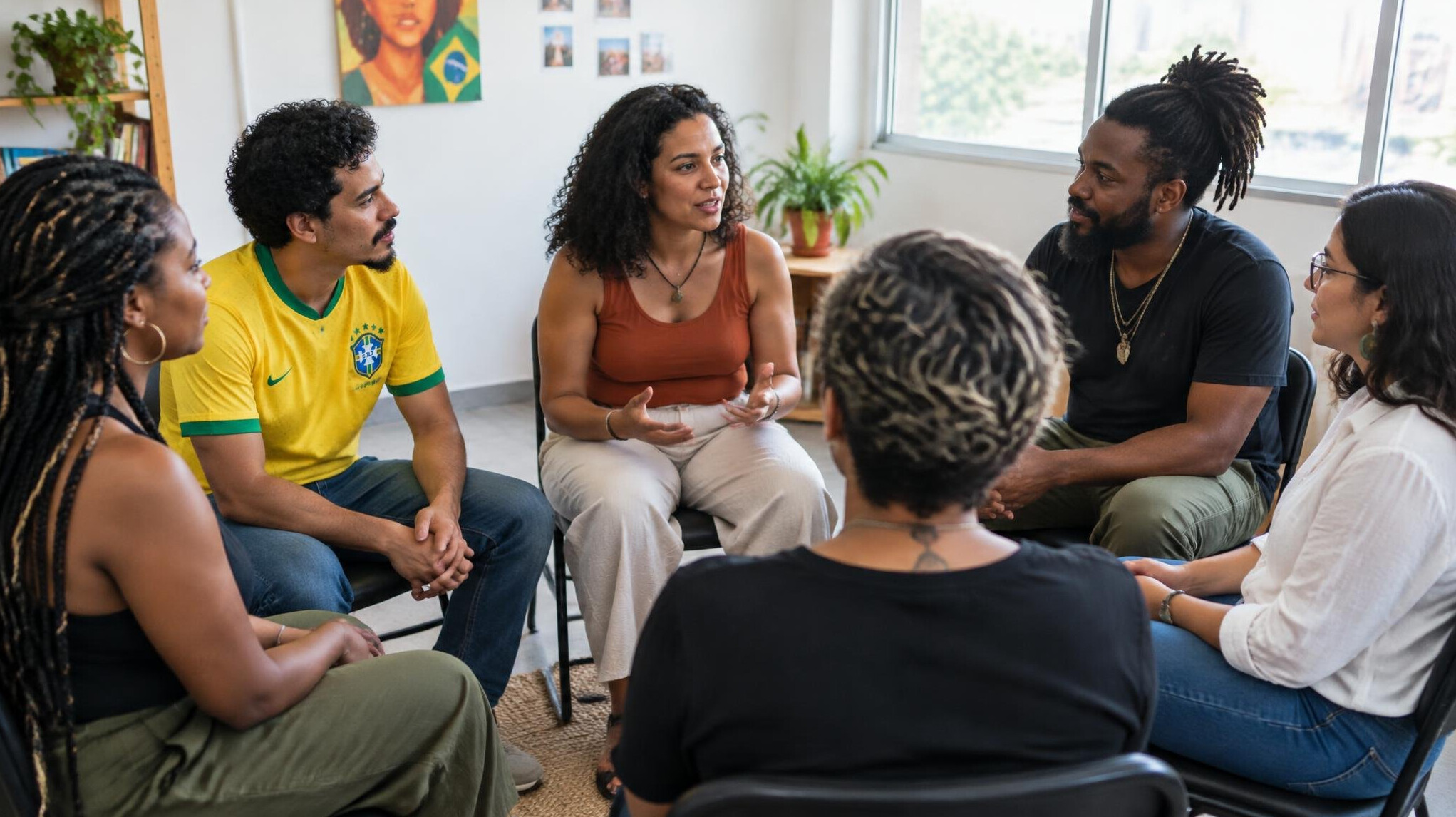 Diverse group of Brazilian people sitting in a circle talking