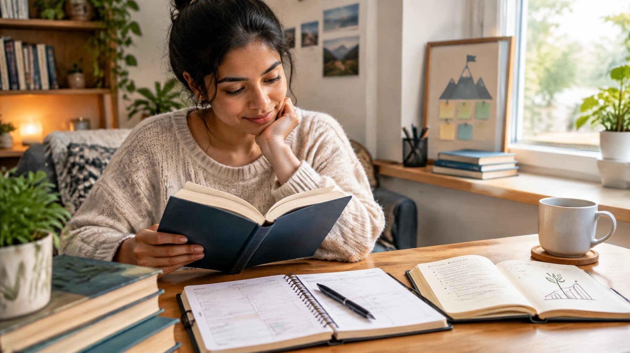 person reading book at home