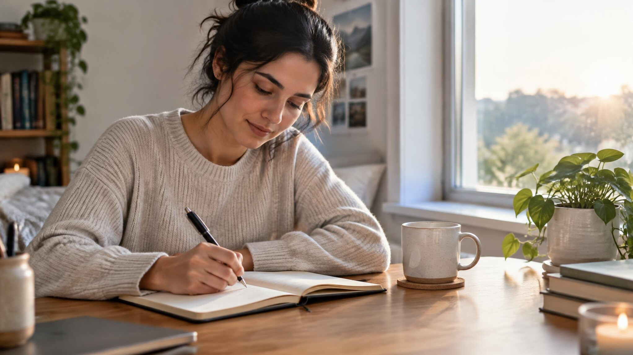 person writing in journal at desk