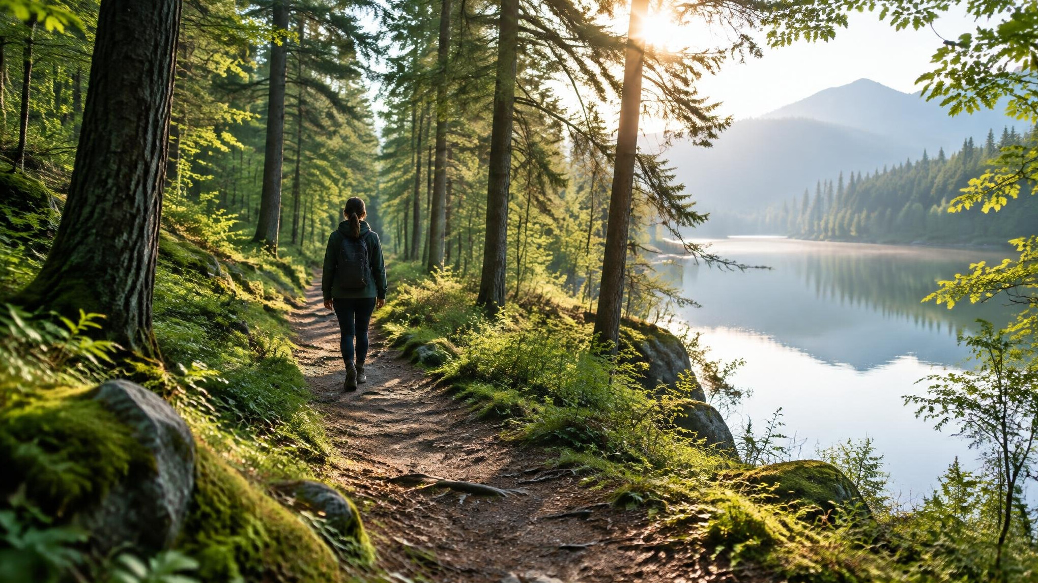 person walking in forest path